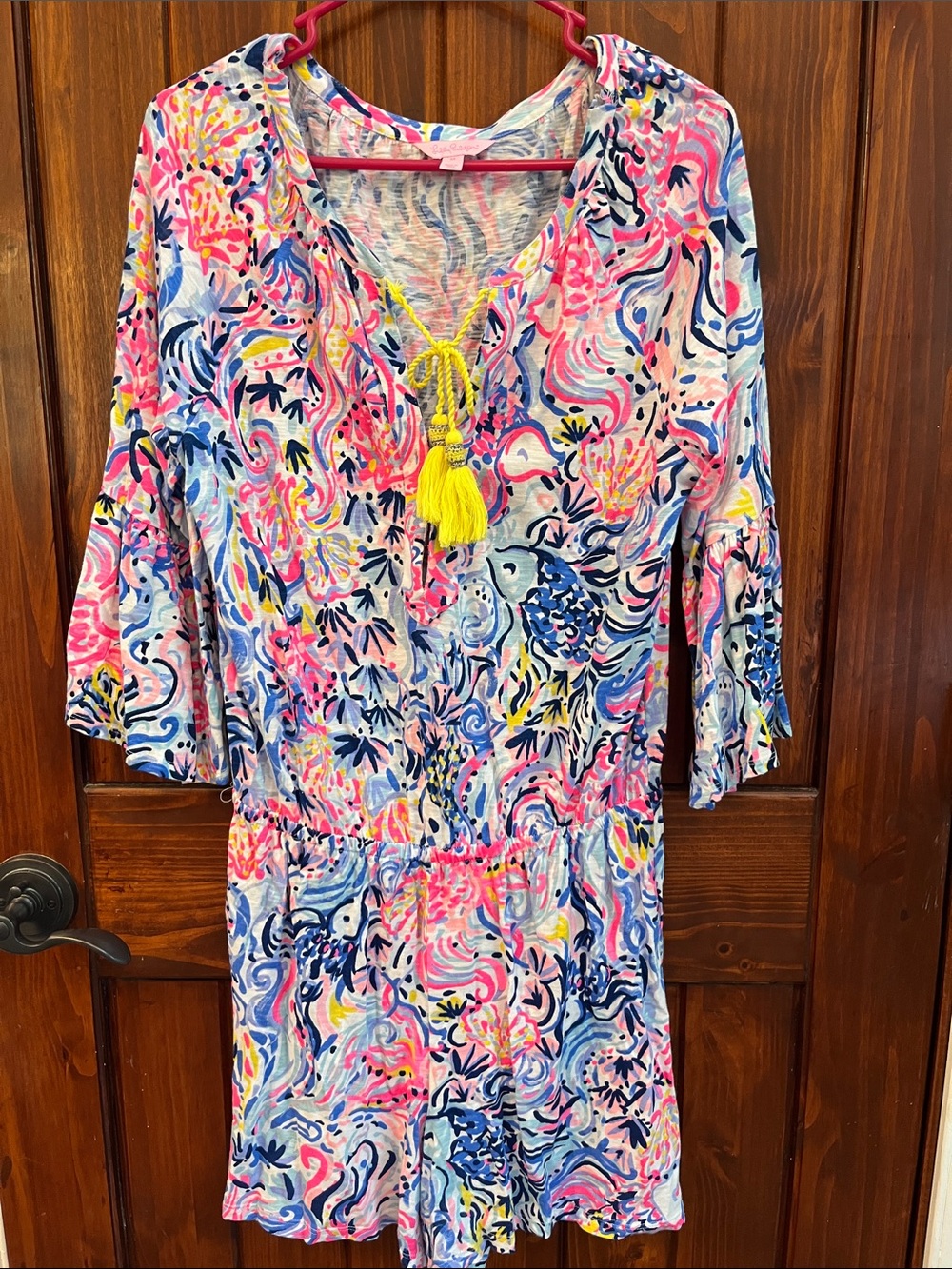 Colorful Tassel Tie Printed Romper - Pink, Blue & Yellow
